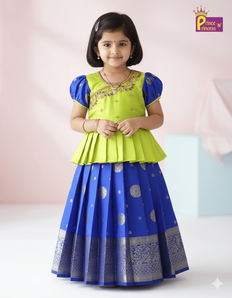 Prince N Princess Green Blue AARI Work pattu Pavadai PPP1272 - Prince N Princess