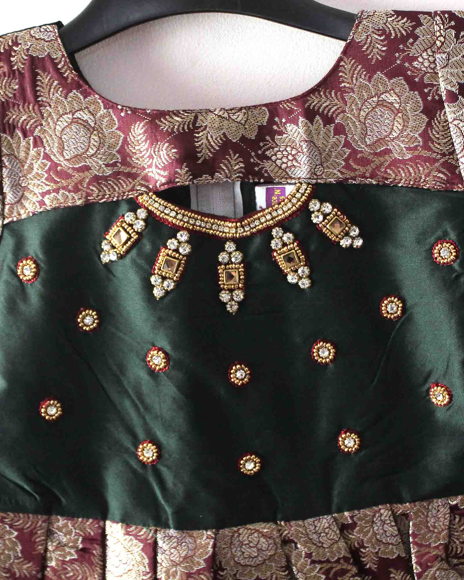 Prince N Princess Green Maroon AARI work Pattu Gown PG376 - Prince N Princess