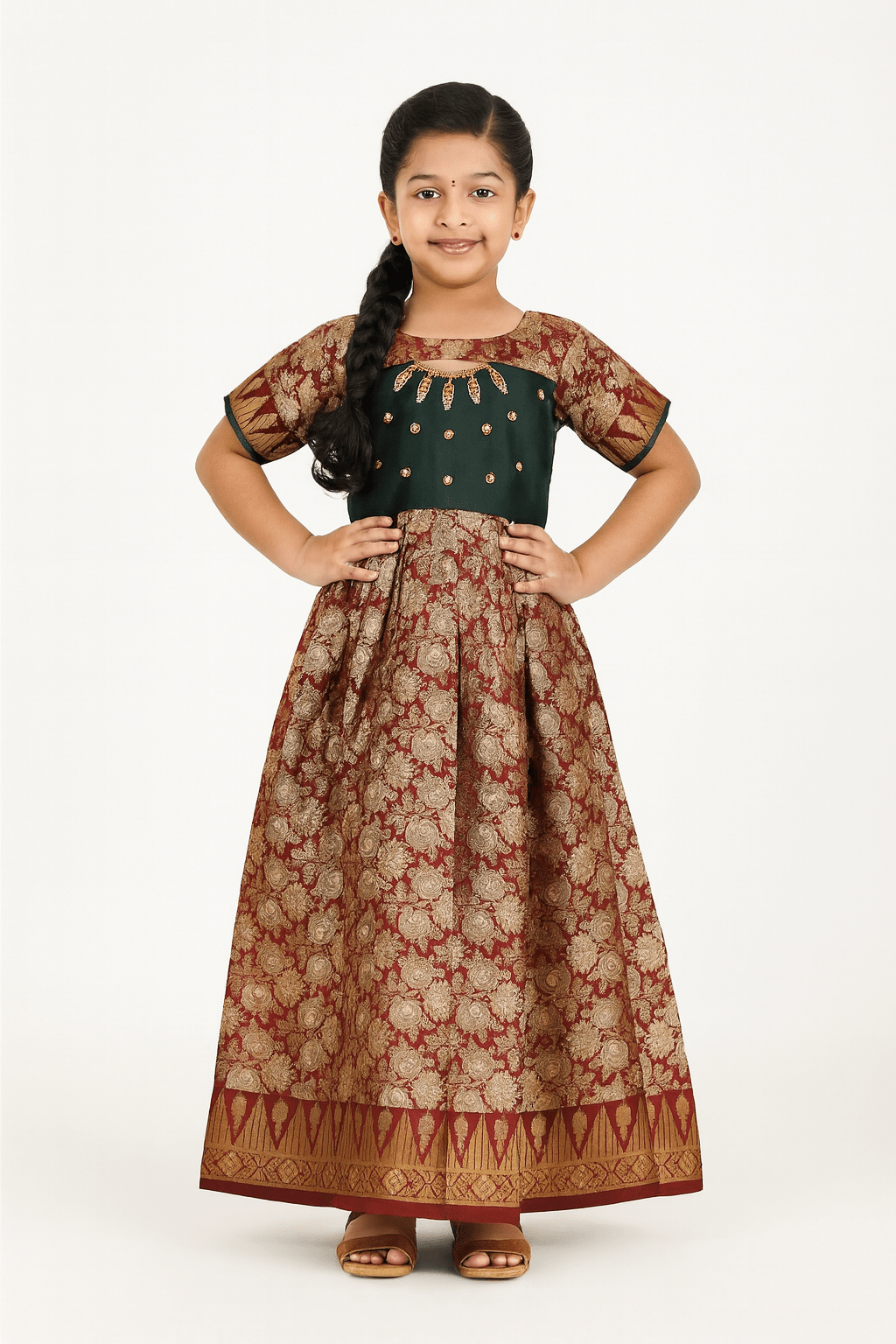 Prince N Princess Green Maroon AARI work Pattu Gown PG376 - Prince N Princess