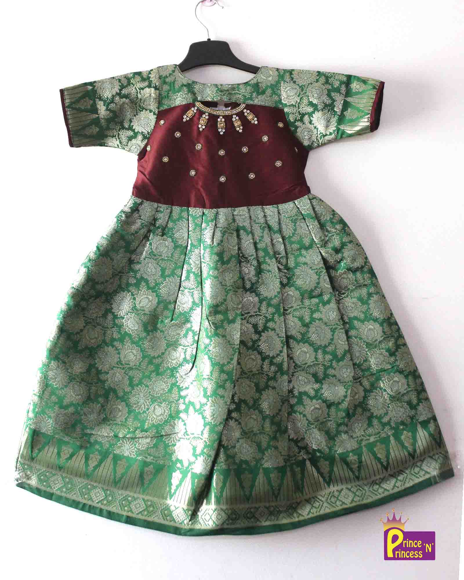Prince N Princess Green Maroon AARI work Pattu Gown PG379 - Prince N Princess