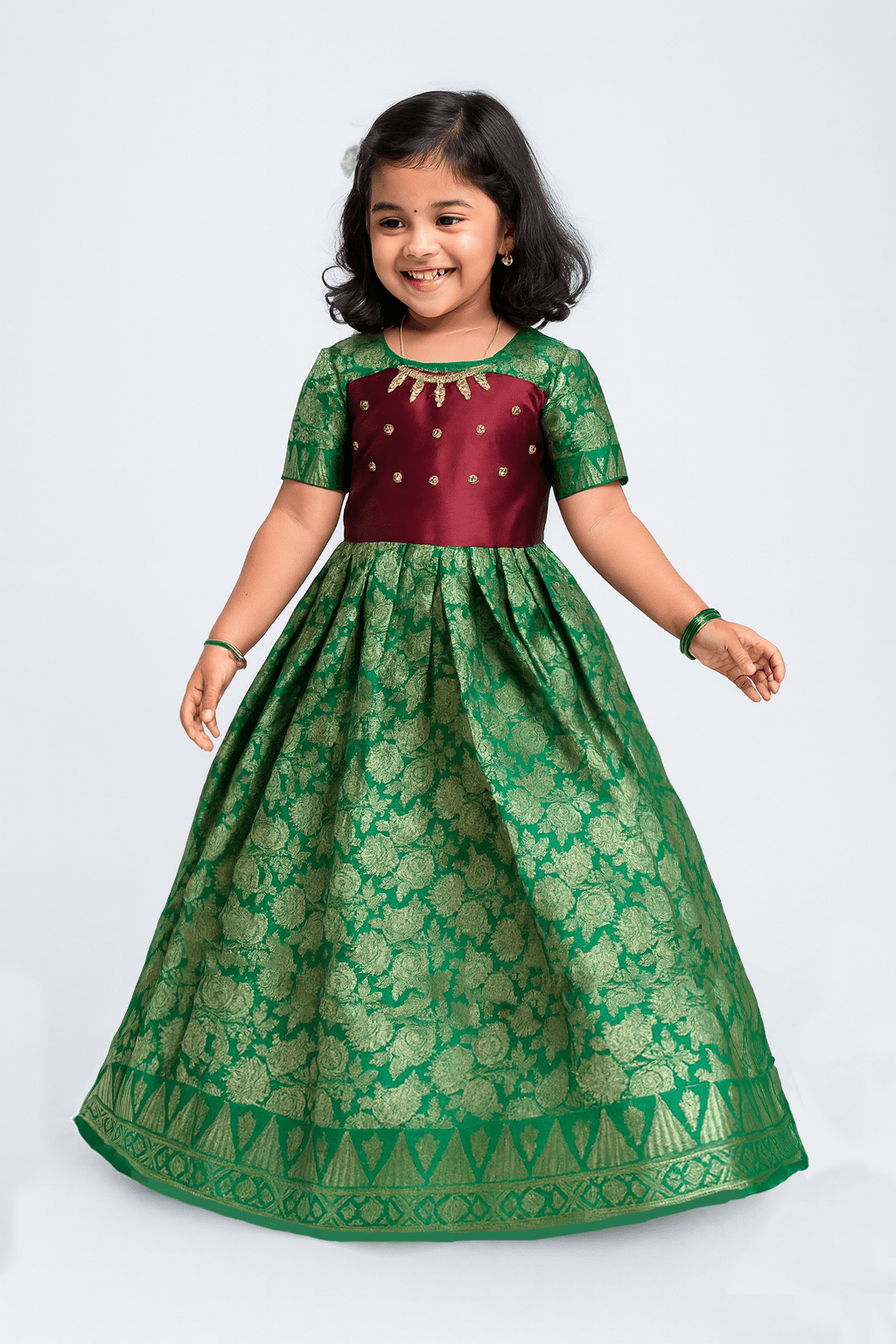 Prince N Princess Green Maroon AARI work Pattu Gown PG379 - Prince N Princess
