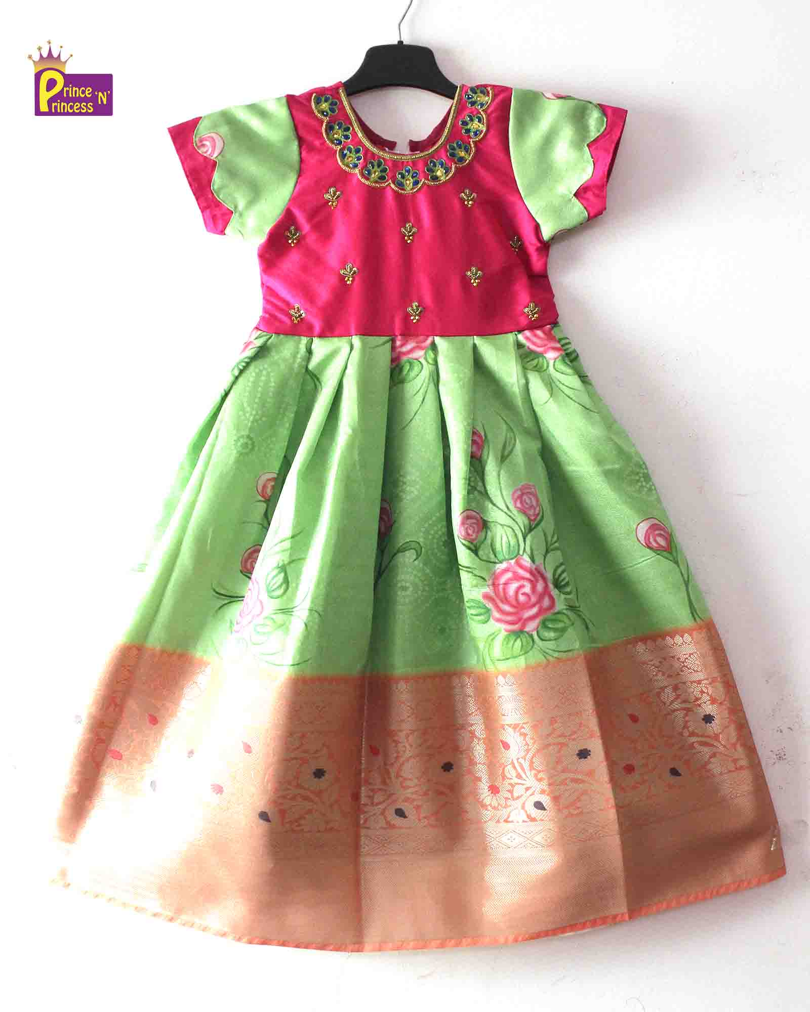 Prince N Princess Green Pink AARI work Pattu Gown PG416 - Prince N Princess