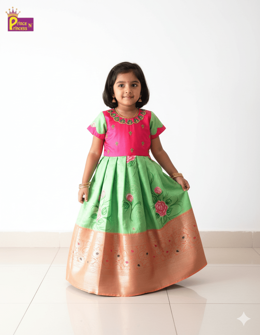 Prince N Princess Green Pink AARI work Pattu Gown PG416 - Prince N Princess