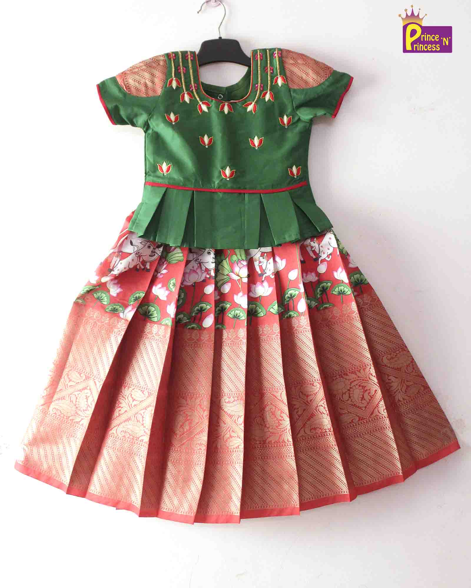 Prince N Princess Green With Red AARI Work pattu Pavadai PPP1395 - Prince N Princess