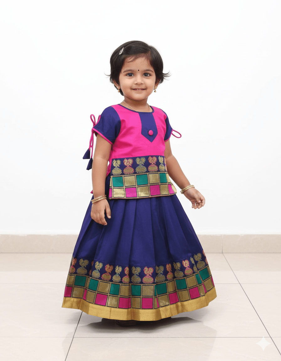 Prince N Princess Kids Pink Navy Blue Traditional Pattu Pavadai PPP1092 - Prince N Princess