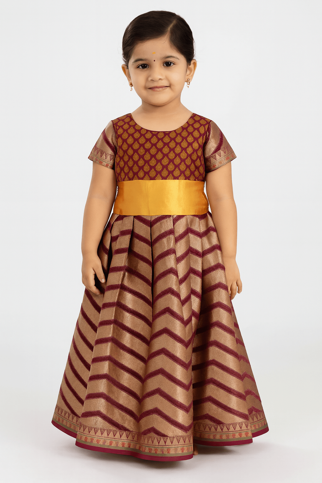 Prince N Princess Maroon Yellow Banarasi Chanderi Gown PG354 - Prince N Princess