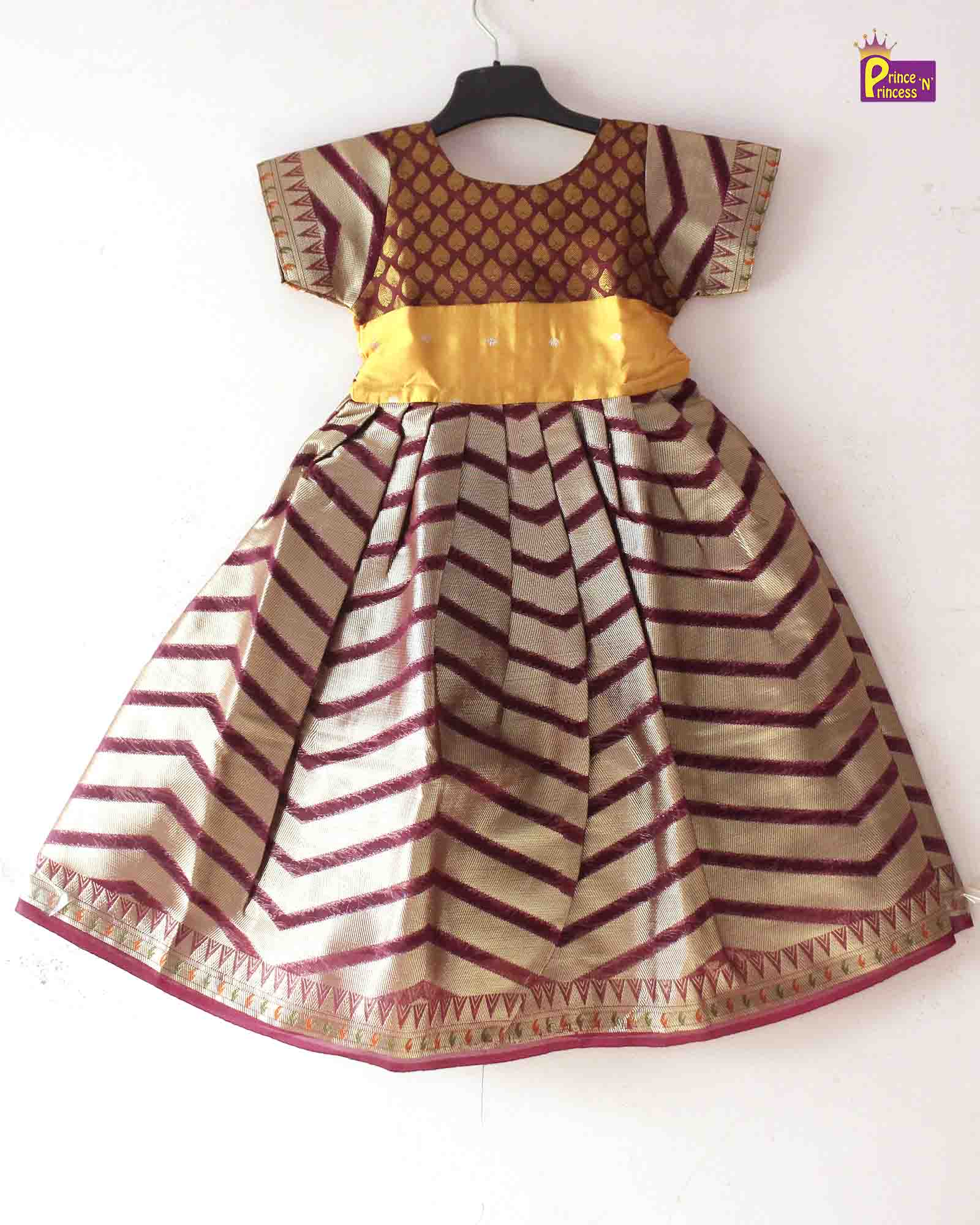 Prince N Princess Maroon Yellow Banarasi Chanderi Gown PG354 - Prince N Princess