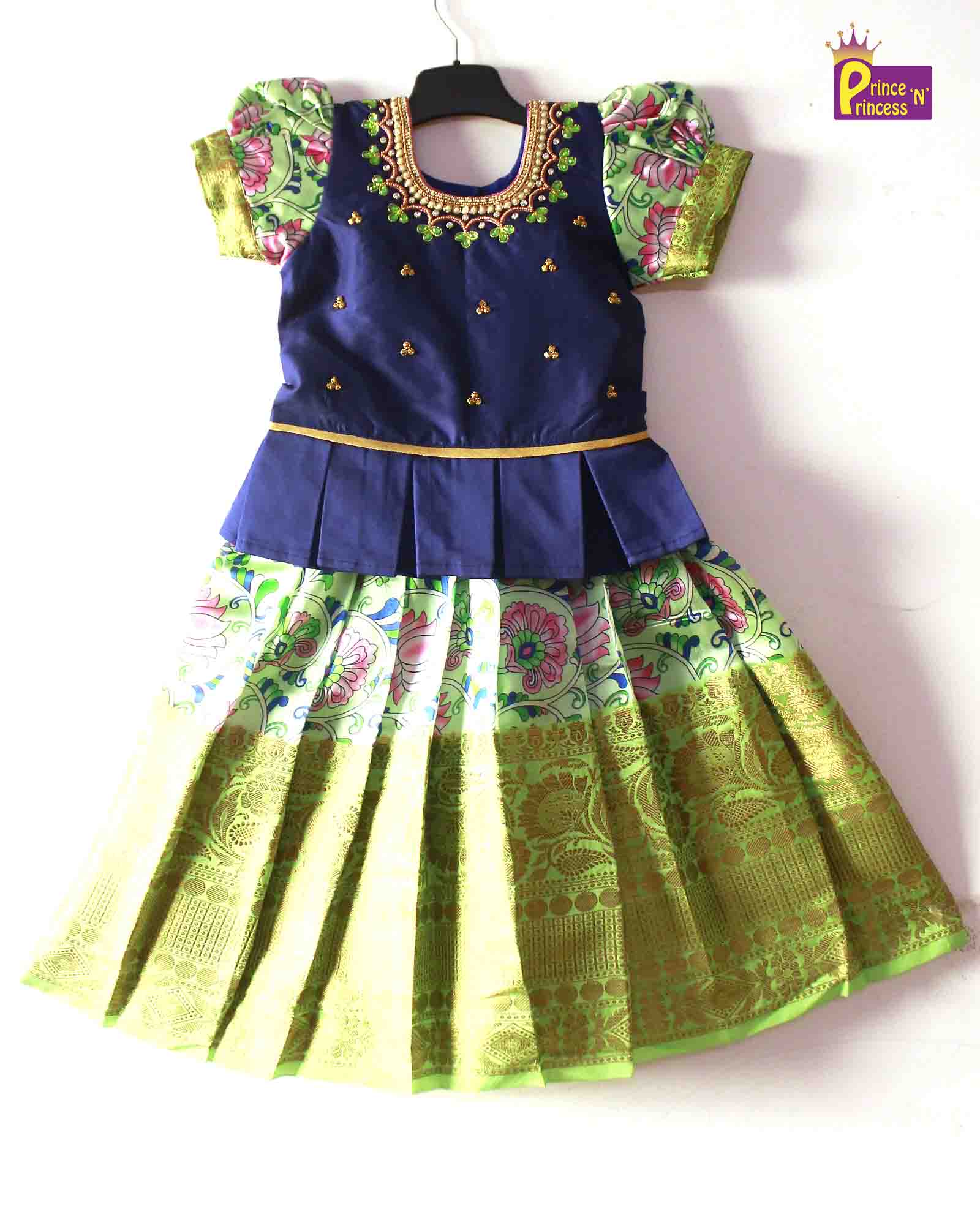 Prince N Princess Navy Blue Green AARI Work pattu Pavadai PPP1269 - Prince N Princess