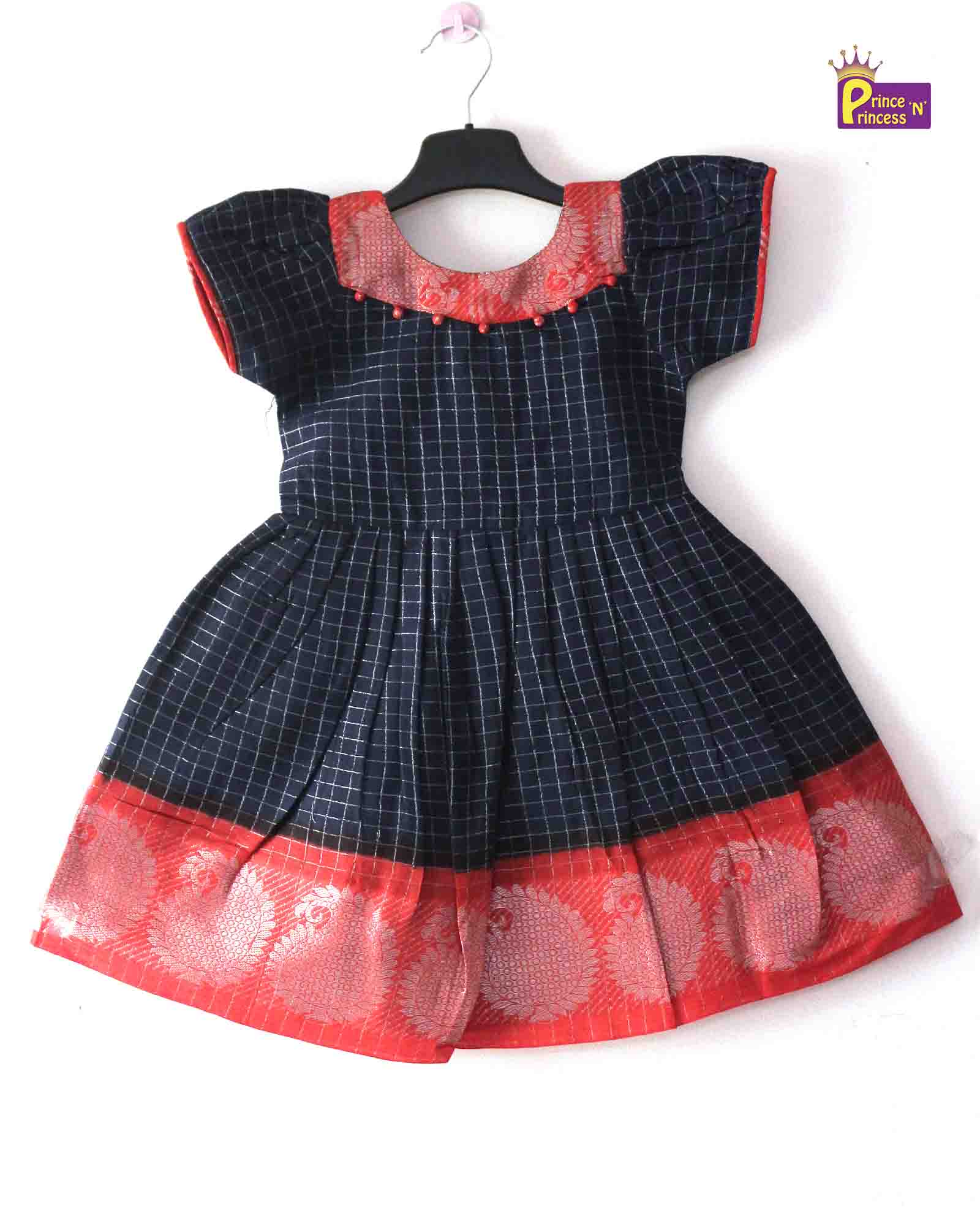 Prince N Princess Navy with Red Sungudi Cotton Frock CF262 - Prince N Princess
