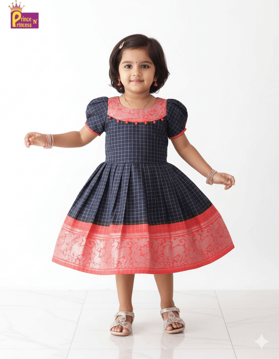Prince N Princess Navy With Red Sungudi Cotton Frock CF271 - Prince N Princess