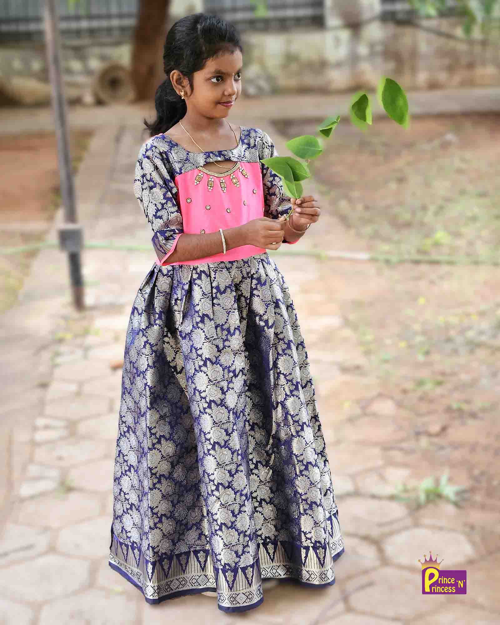 Prince N Princess Peach Blue AARI work Pattu Gown PG380 - Prince N Princess