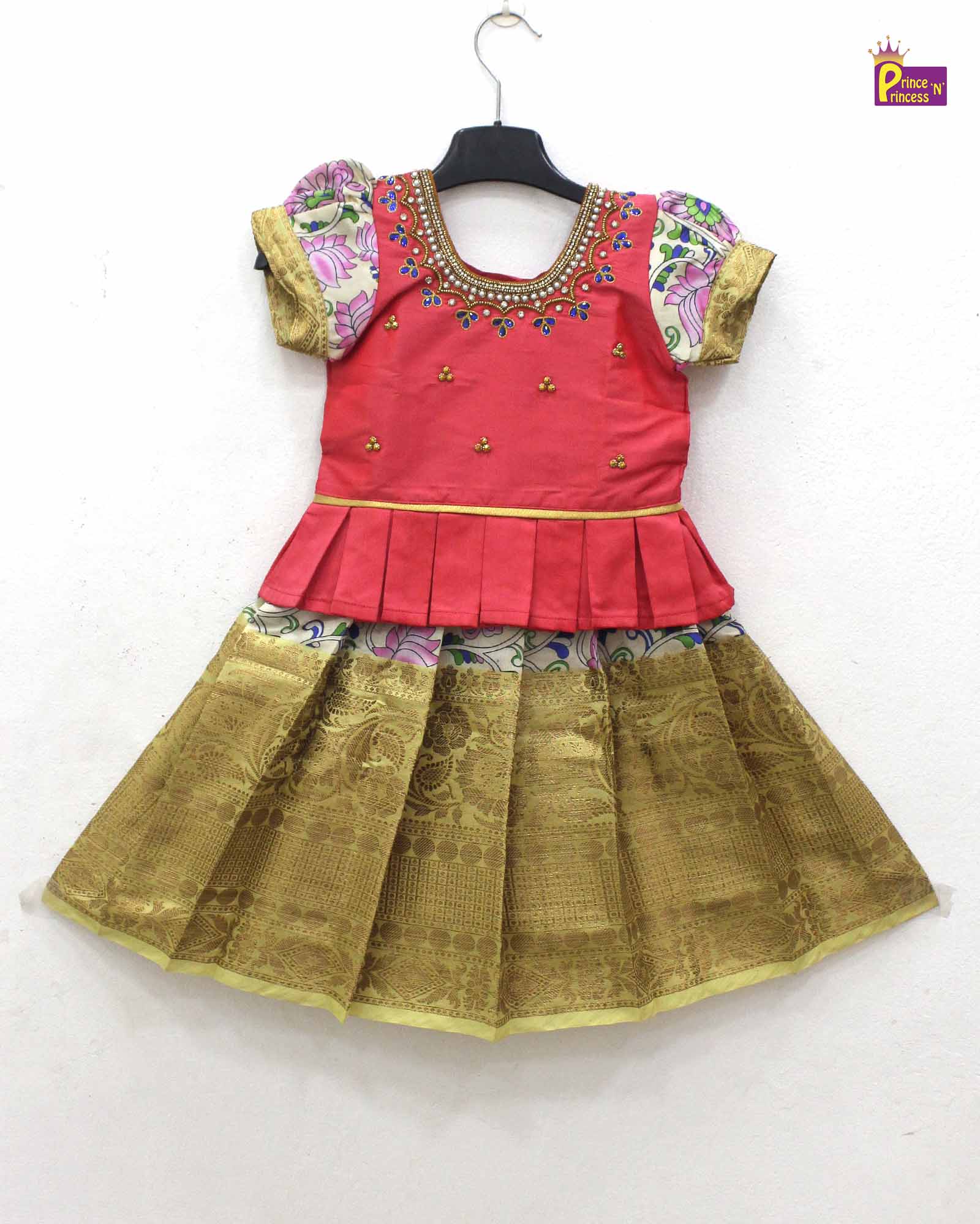 Prince N Princess Peach with halfwhite AARI Work pattu Pavadai PPP1640 - Prince N Princess