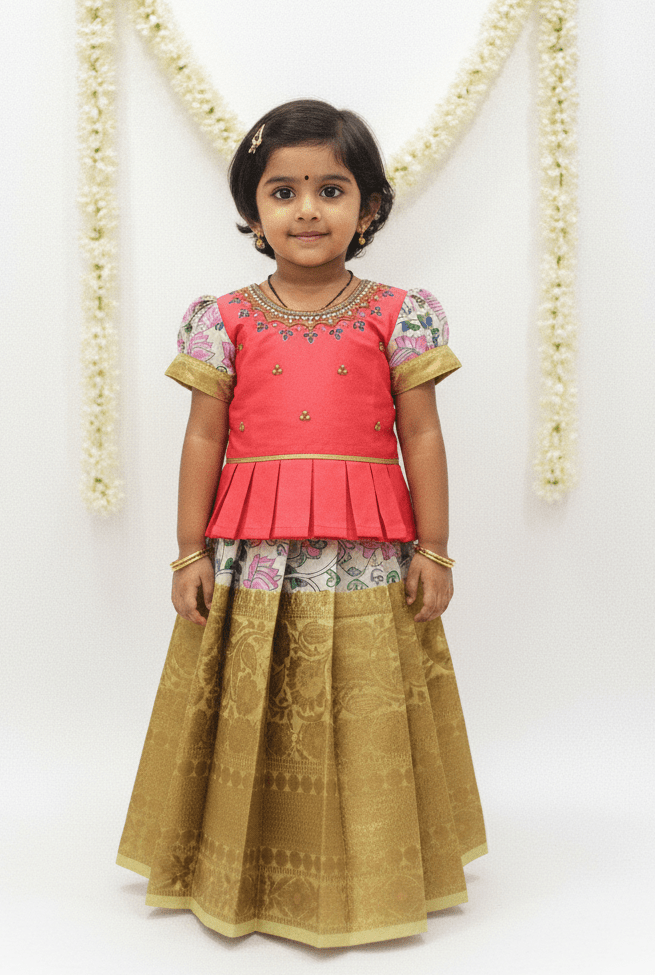 Prince N Princess Peach with halfwhite AARI Work pattu Pavadai PPP1640 - Prince N Princess