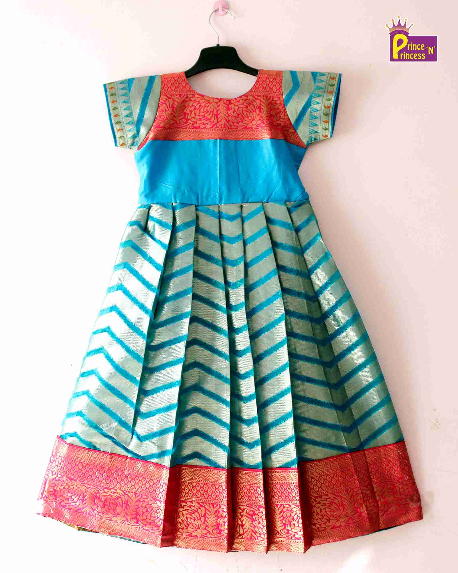 Prince N Princess pink And Blue Banarasi Chanderi Gown PG339 - Prince N Princess