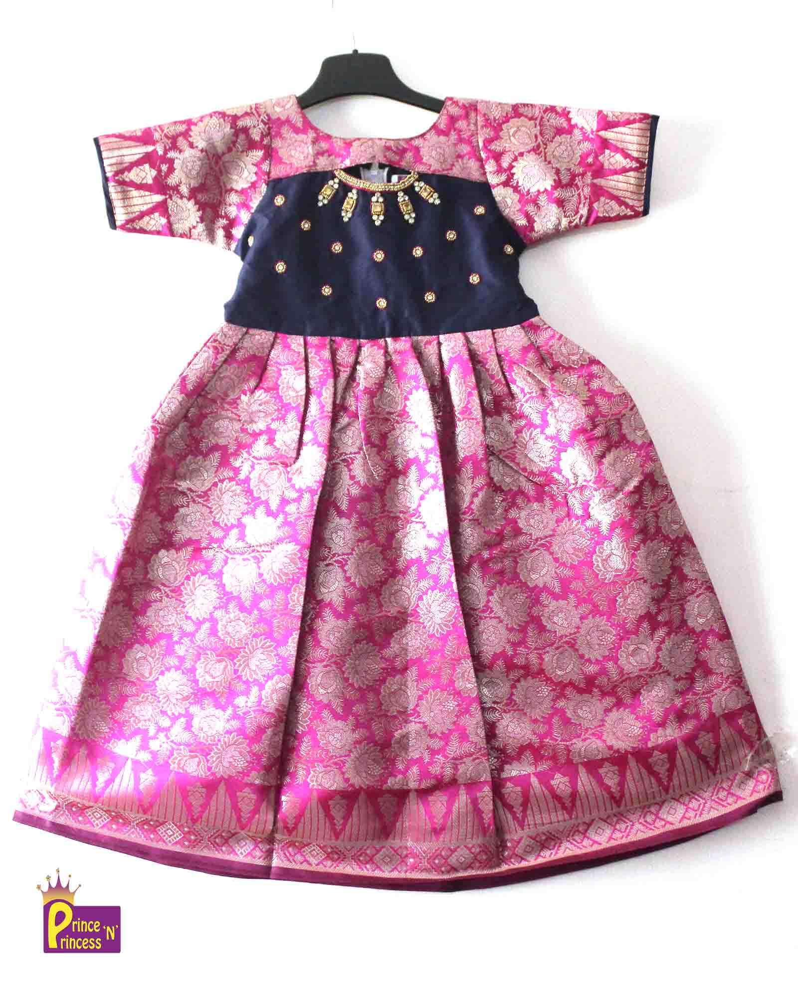 Prince N Princess Pink Blue AARI work Pattu Gown PG381 - Prince N Princess
