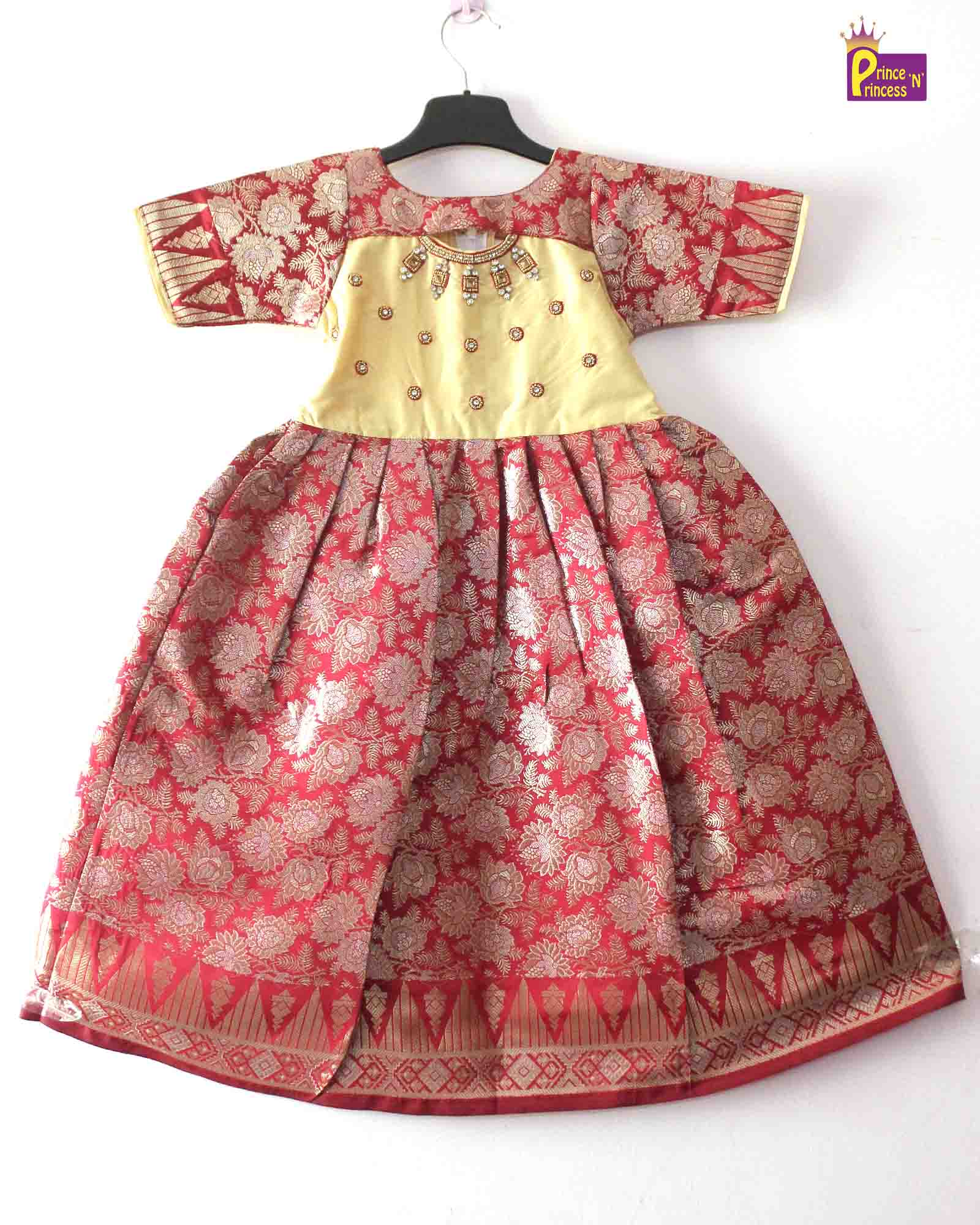 Prince N Princess Red Beige AARI work Pattu Gown PG382 - Prince N Princess