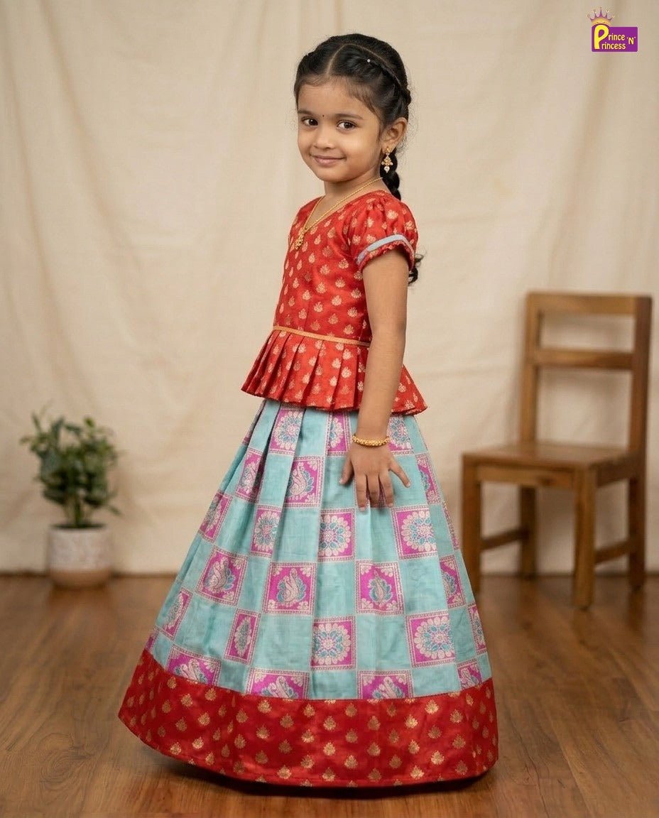 Prince N Princess Red With Green Pattu Pavadai PPP1071 - Prince N Princess