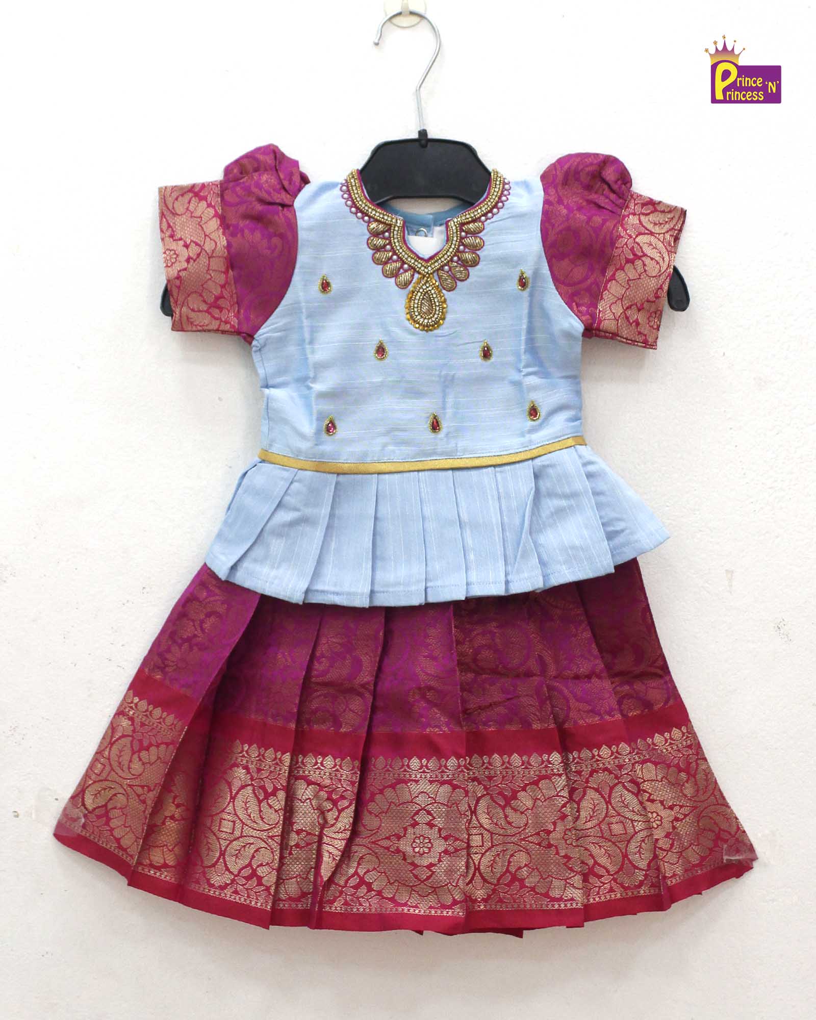 Prince N Princess Sky blue And Pink AARI Work pattu Pavadai PPP1409 - Prince N Princess