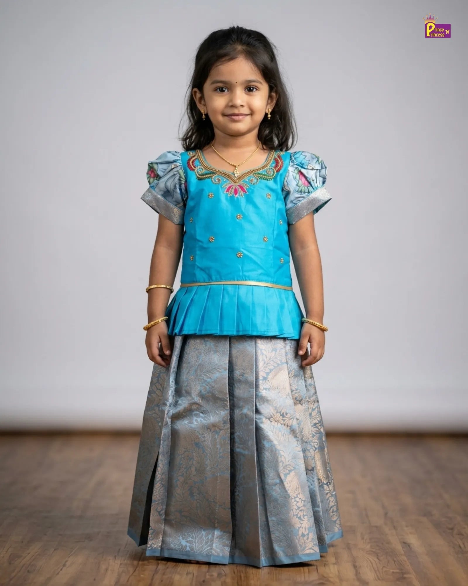 Prince N Princess Skyblue with Grey Kalamkari AARI Work pattu Pavadai PPP1723 for kids festival wear