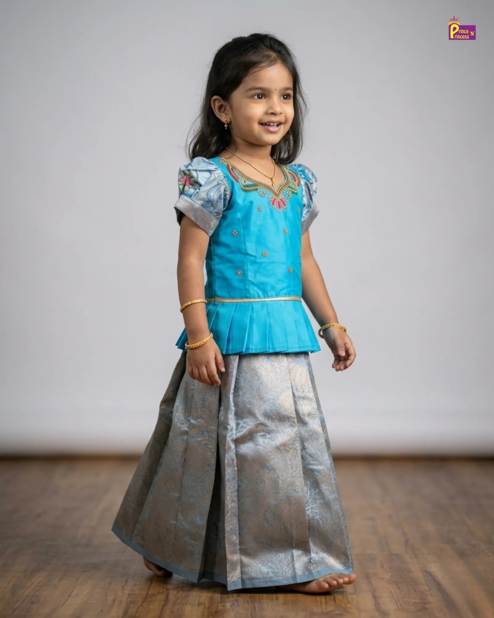 Prince N Princess Skyblue with Grey Kalamkari AARI Work pattu Pavadai PPP1723 for kids festival wear