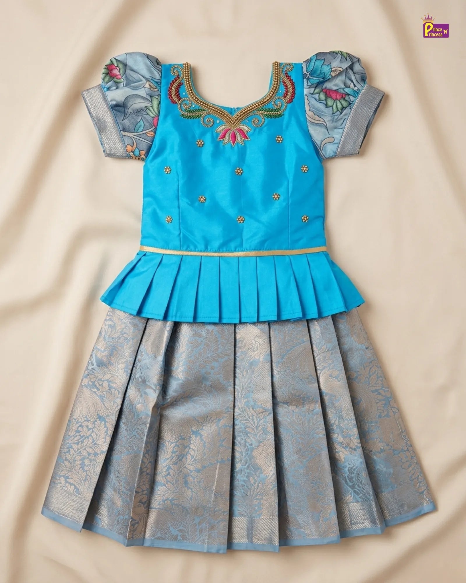 Prince N Princess Skyblue with Grey Kalamkari AARI Work pattu Pavadai PPP1723 for kids festival wear