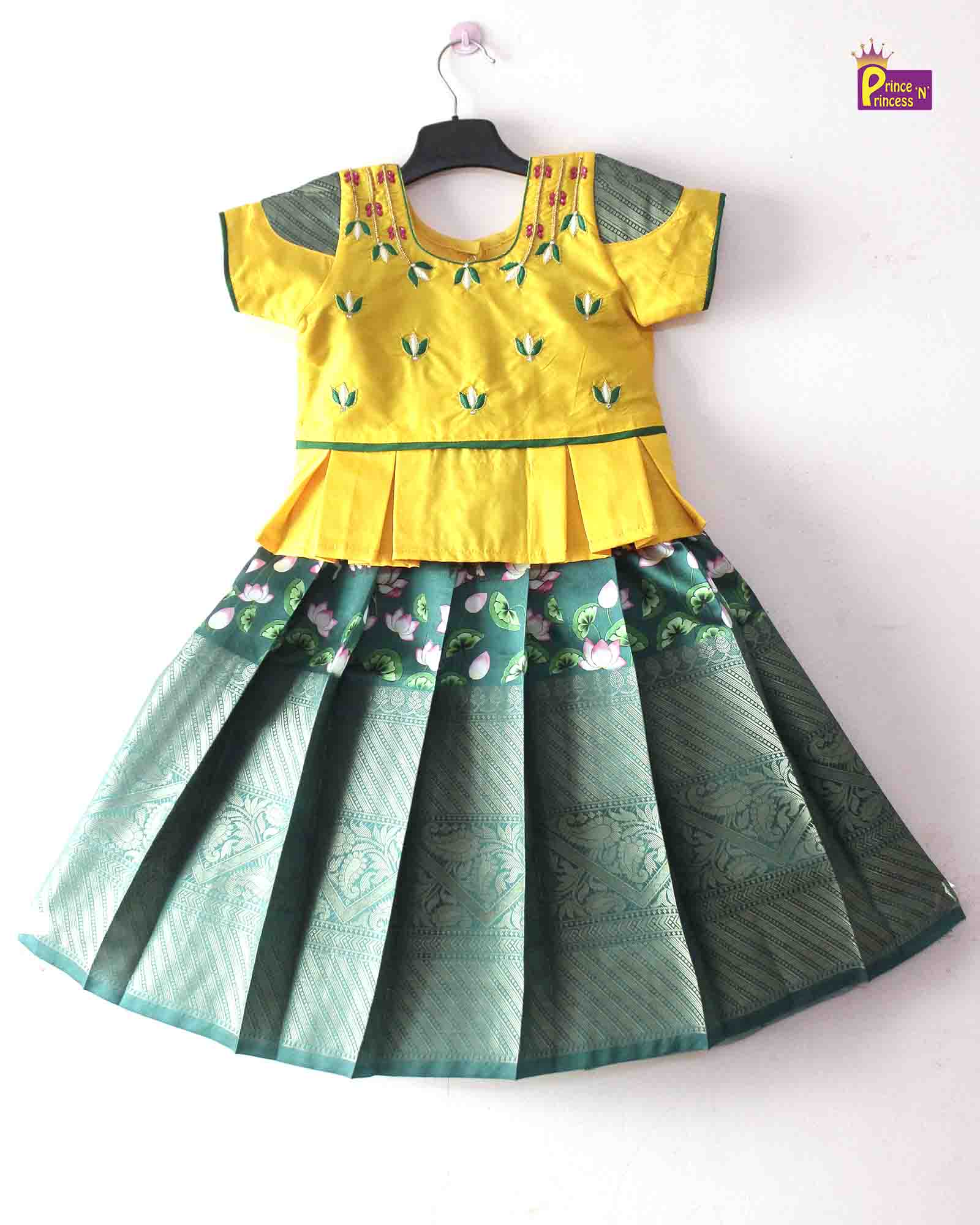 Prince N Princess Yellow And Green AARI Work pattu Pavadai PPP1391 - Prince N Princess