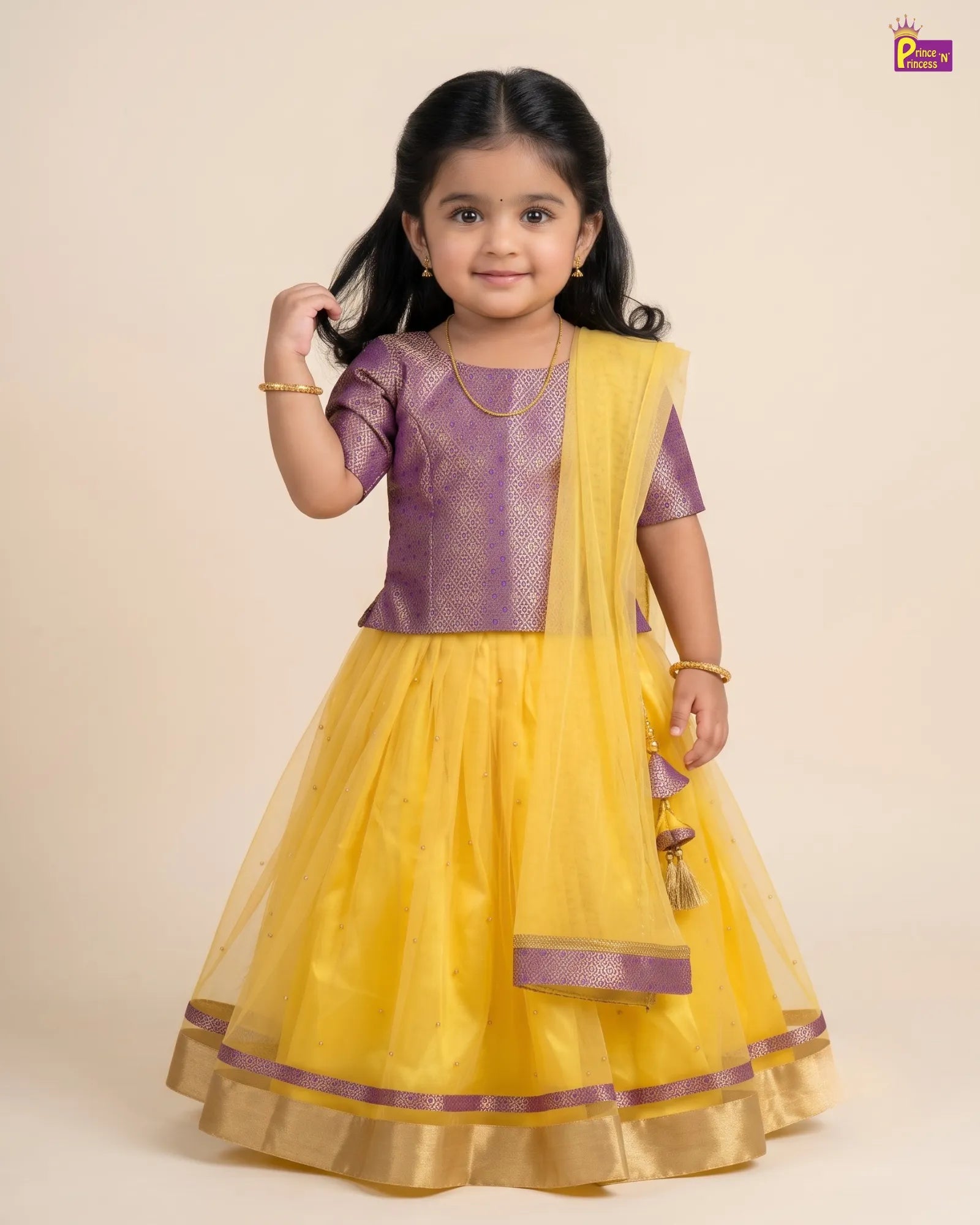 Purple Brocade & Yellow Lehenga Choli for Baby Girls LC261 for kids festival wear