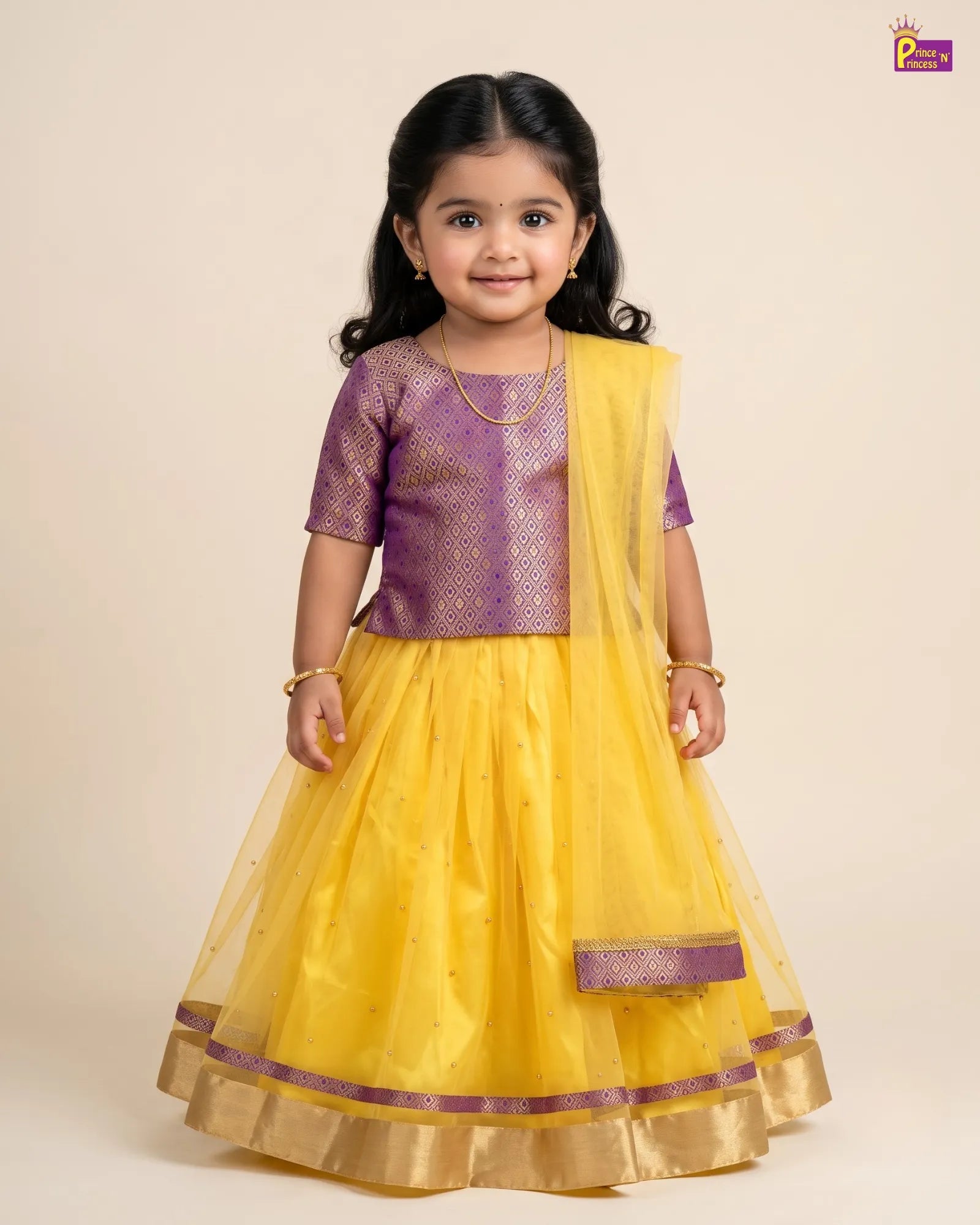 Purple Brocade & Yellow Lehenga Choli for Baby Girls LC261 for kids festival wear