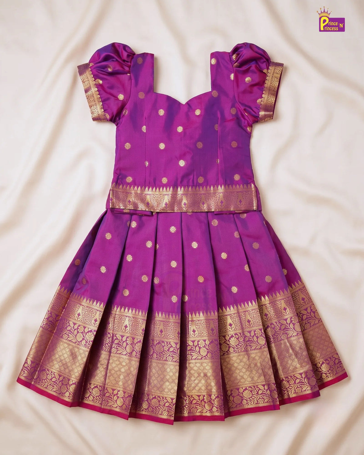 Purple Magenta Pattu Pavadai for Girls | Gold Buta Silk PPP2138 for kids festival wear