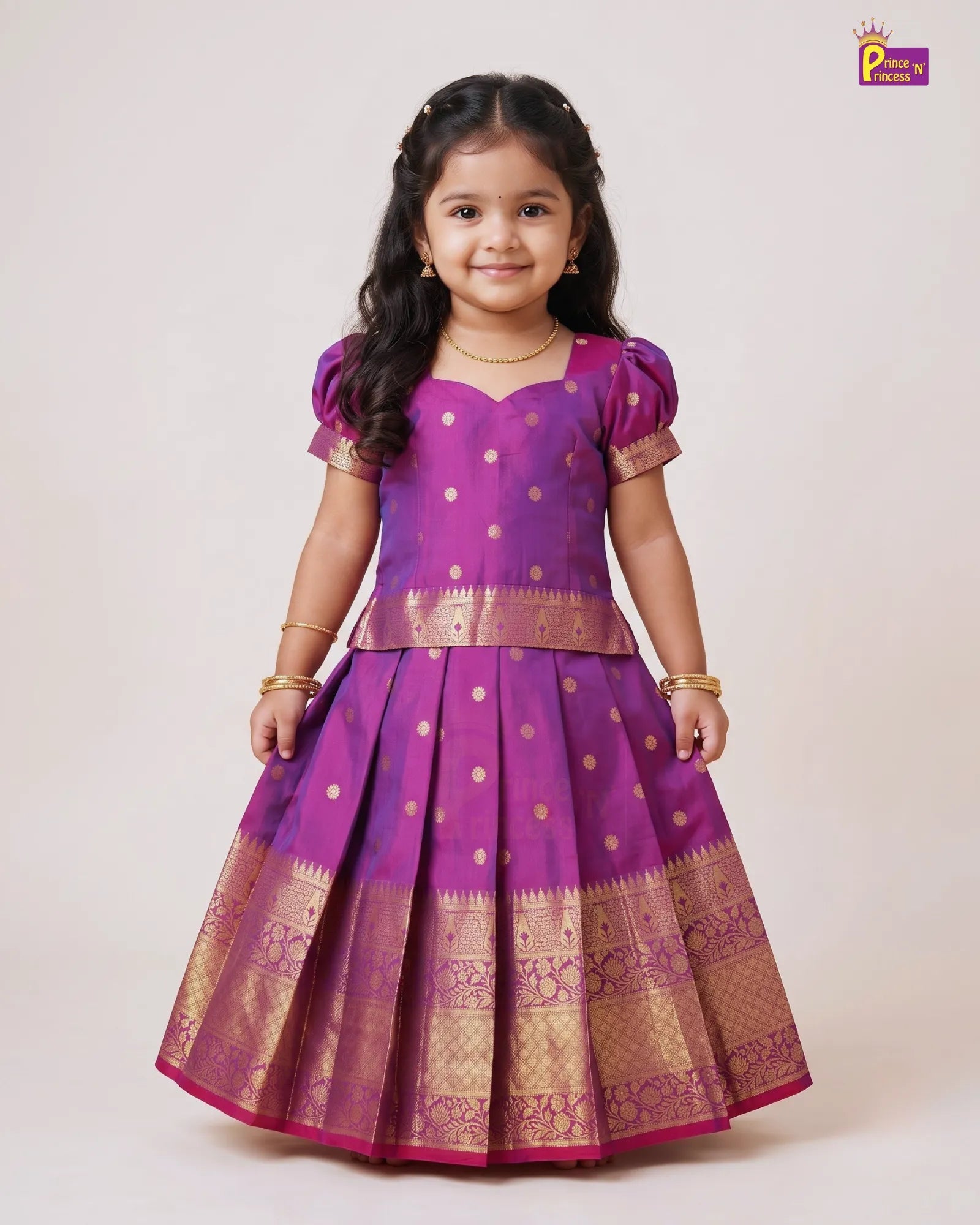 Purple Magenta Pattu Pavadai for Girls | Gold Buta Silk PPP2138 for kids festival wear
