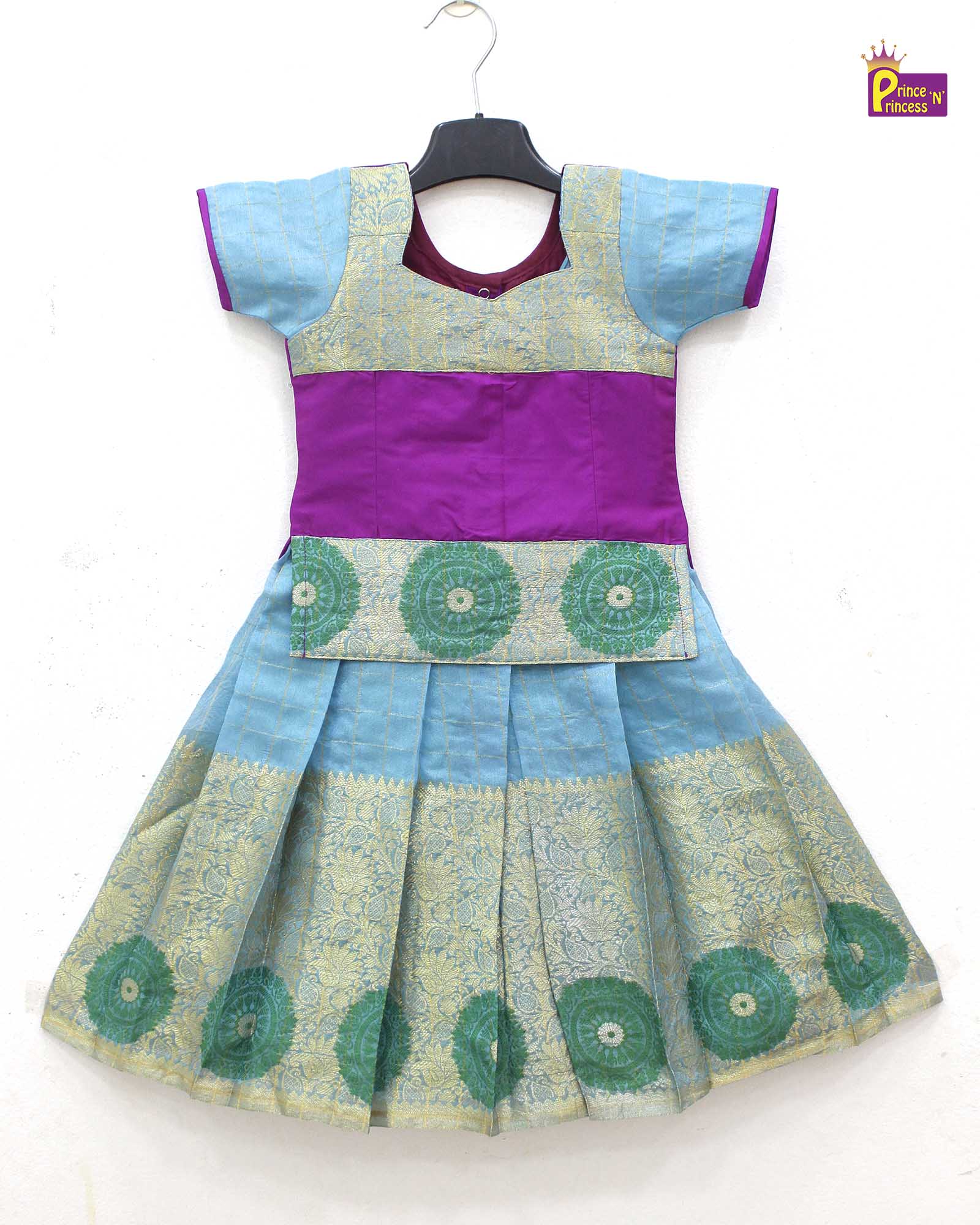 Kids Festival Pattu Pavadai - Rama Green & Purple Traditional Wear Prince N Princess