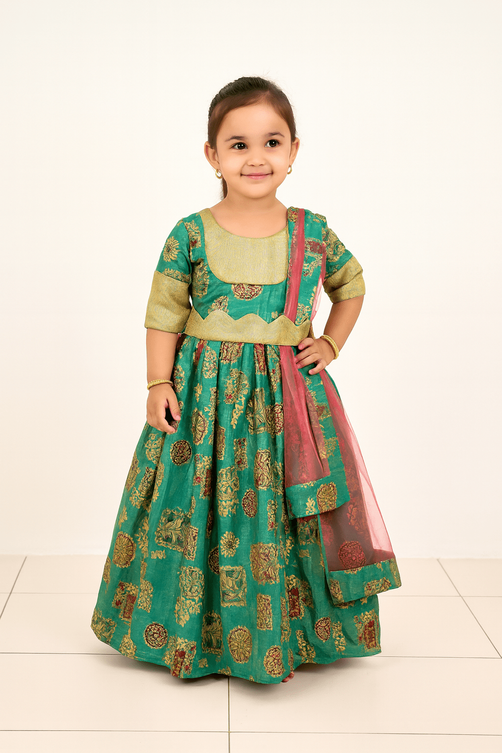 Rama Green Kids Ethnic Party Gown with Dupetta and Belt PG361 - Prince N Princess