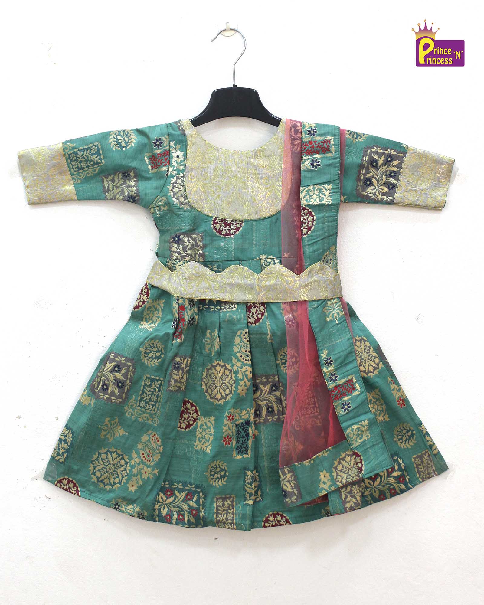 Rama Green Kids Ethnic Party Gown with Dupetta and Belt PG361 - Prince N Princess