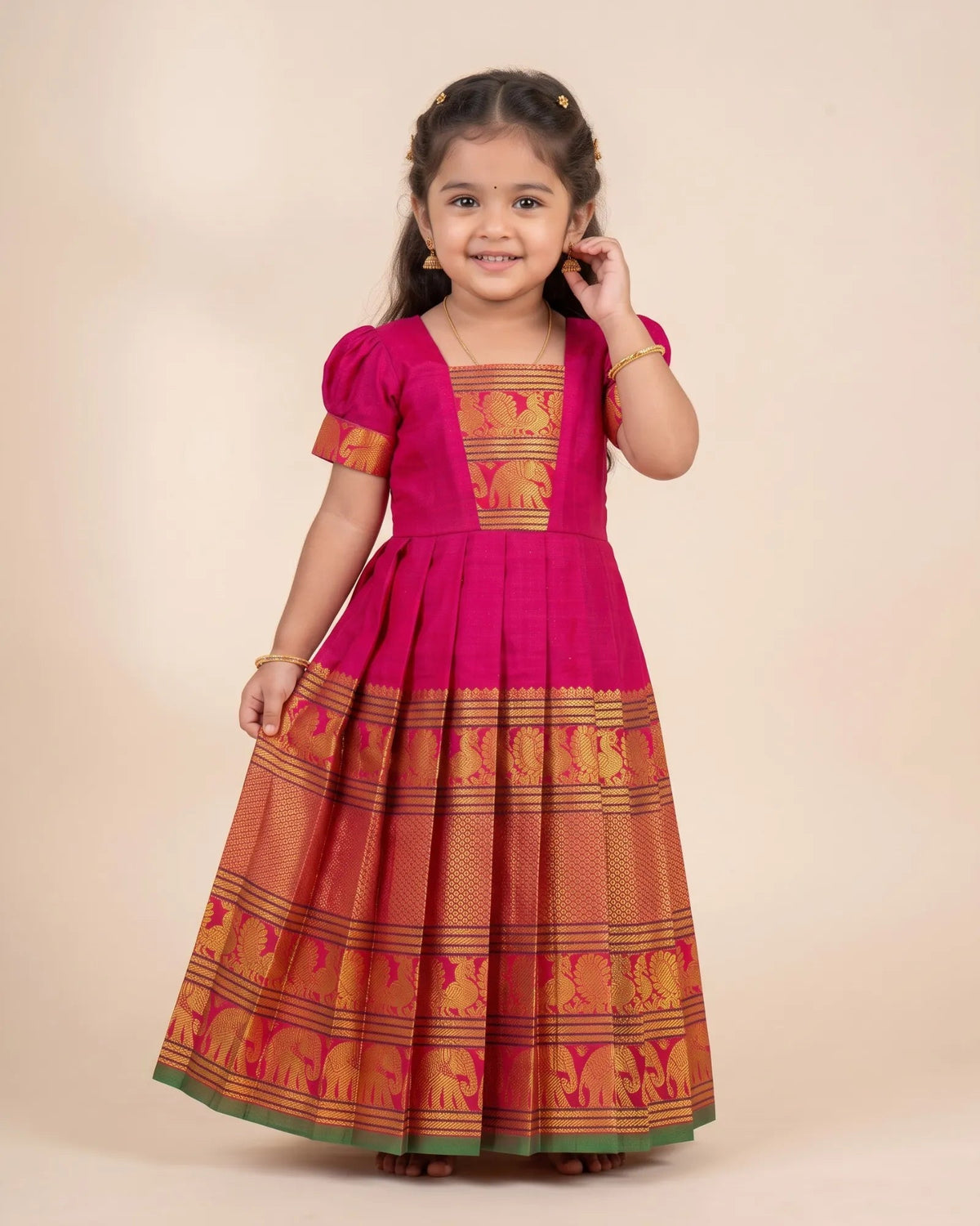 Rani Pink Kalyani Cotton Pattu Gown for Girls - Diwali Festive Look PG750 for kids festival wear