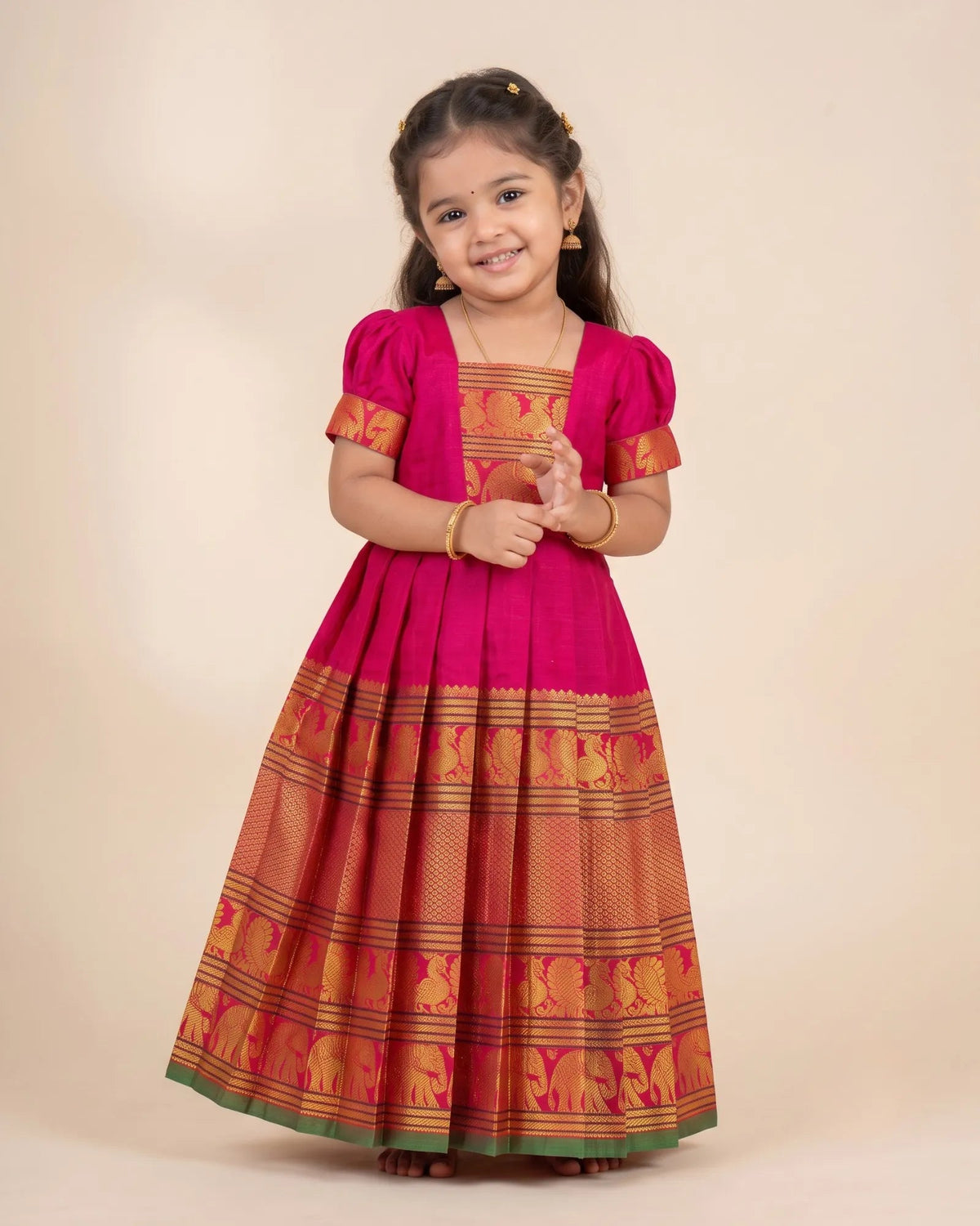 Rani Pink Kalyani Cotton Pattu Gown for Girls - Diwali Festive Look PG750 for kids festival wear