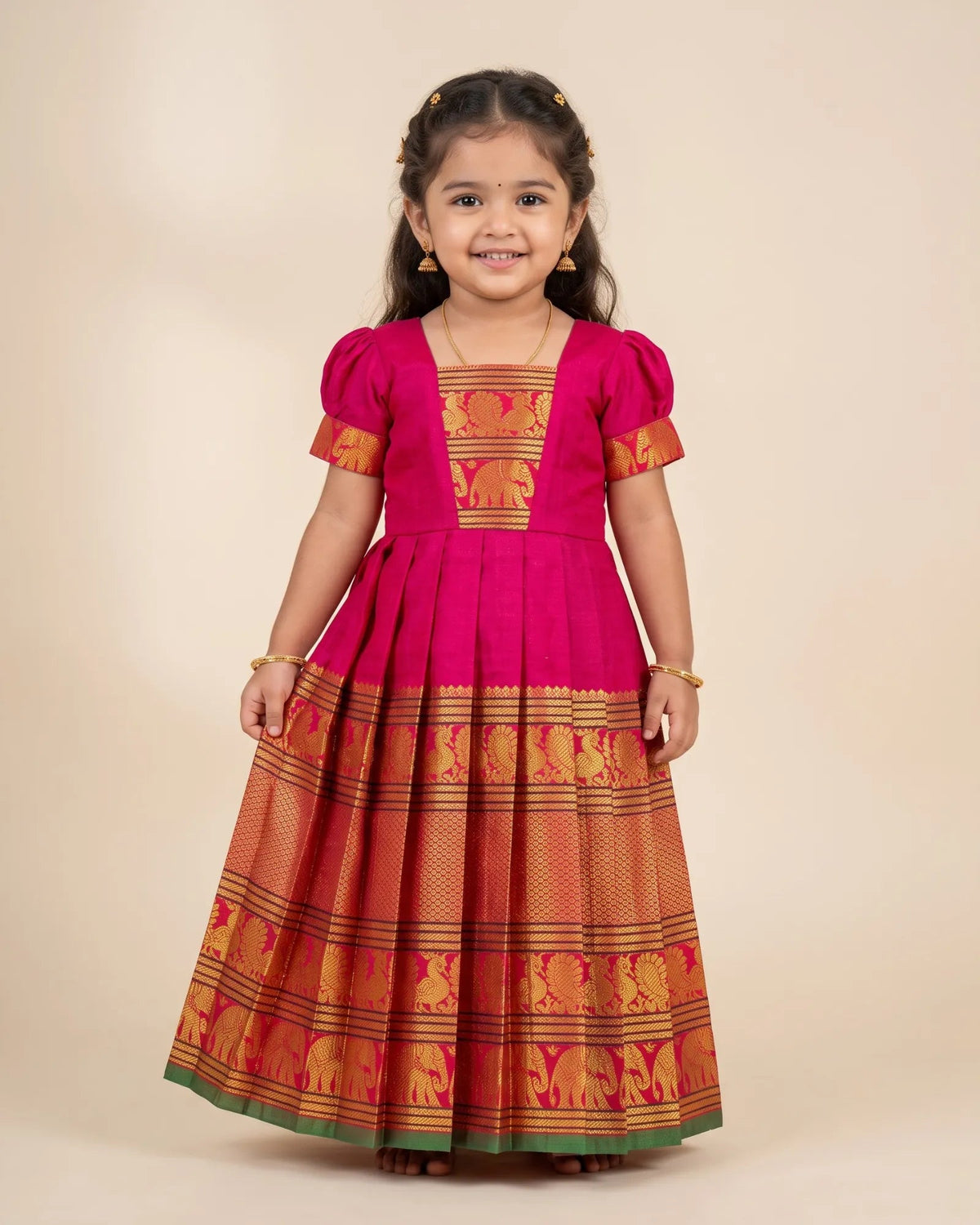 Rani Pink Kalyani Cotton Pattu Gown for Girls - Diwali Festive Look PG750 for kids festival wear