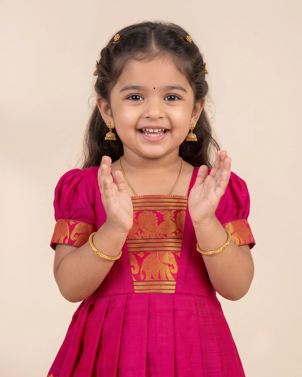 Rani Pink Kalyani Cotton Pattu Gown for Girls - Diwali Festive Look PG750 for kids festival wear