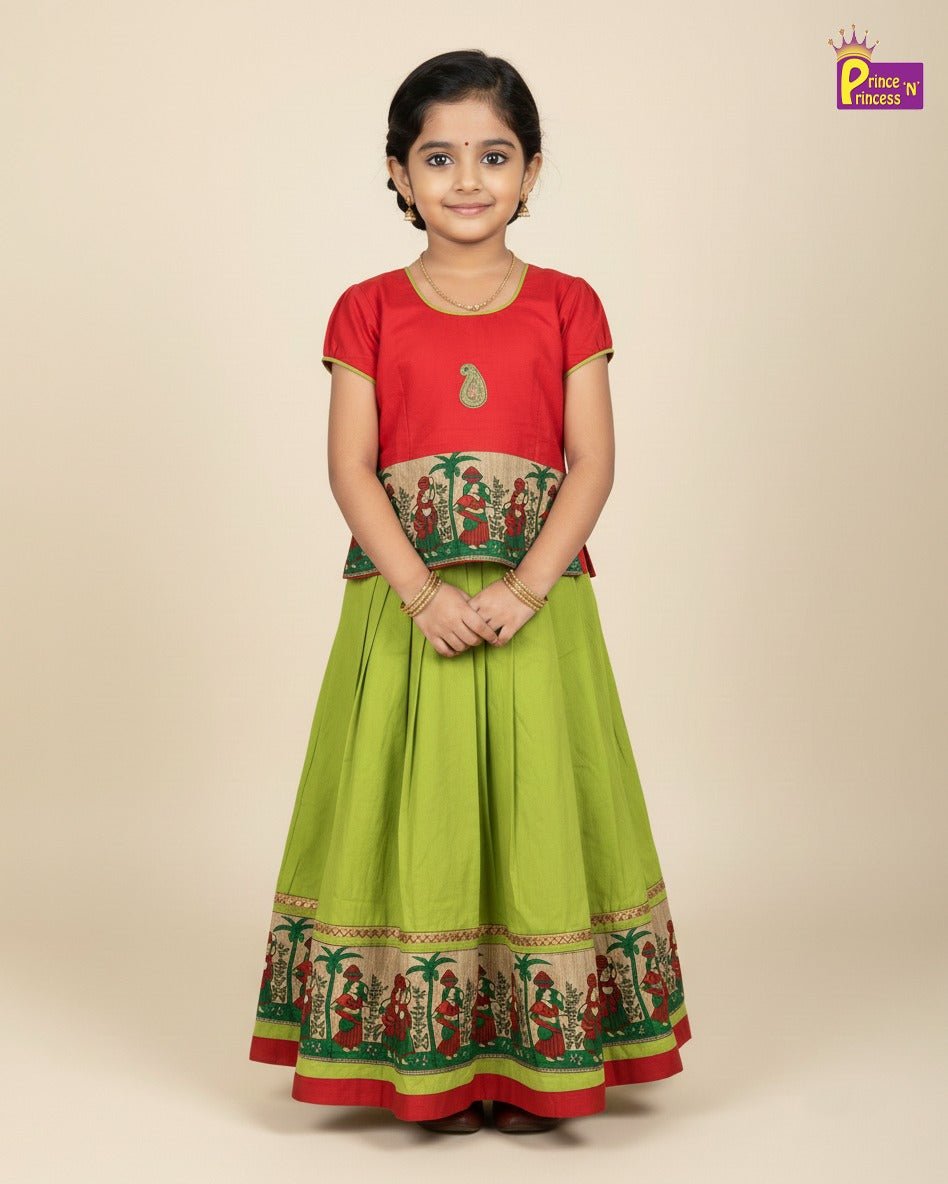 Raw Silk Banarasi Border Pattu Pavadai Red With Green PPP2007 - Prince N Princess