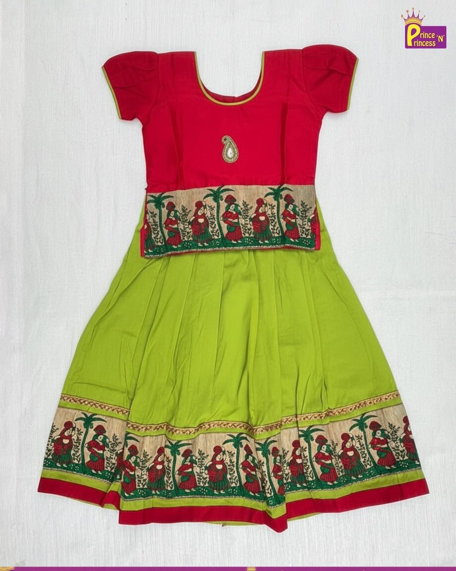 Raw Silk Banarasi Border Pattu Pavadai Red With Green PPP2007 - Prince N Princess