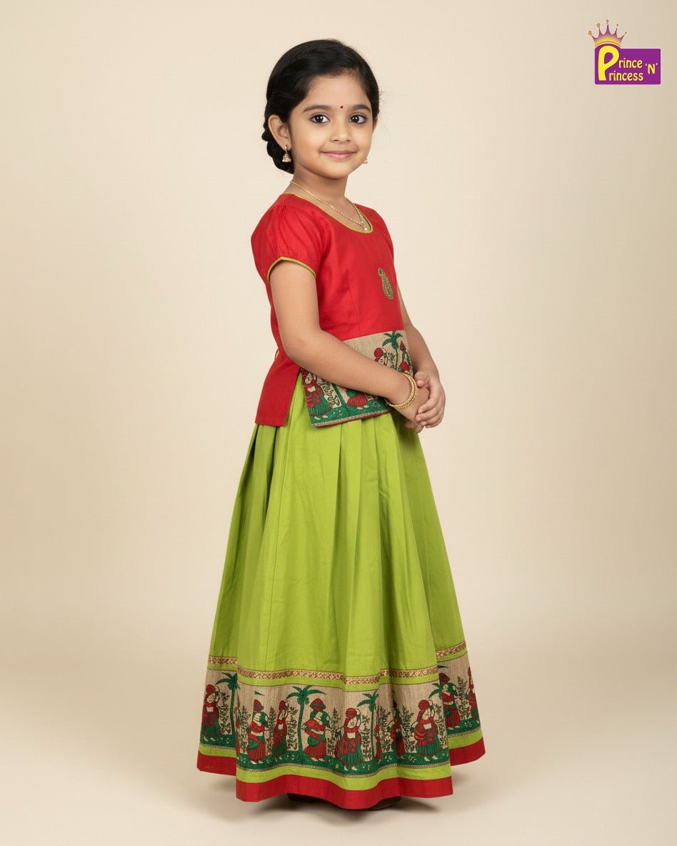 Raw Silk Banarasi Border Pattu Pavadai Red With Green PPP2007 - Prince N Princess