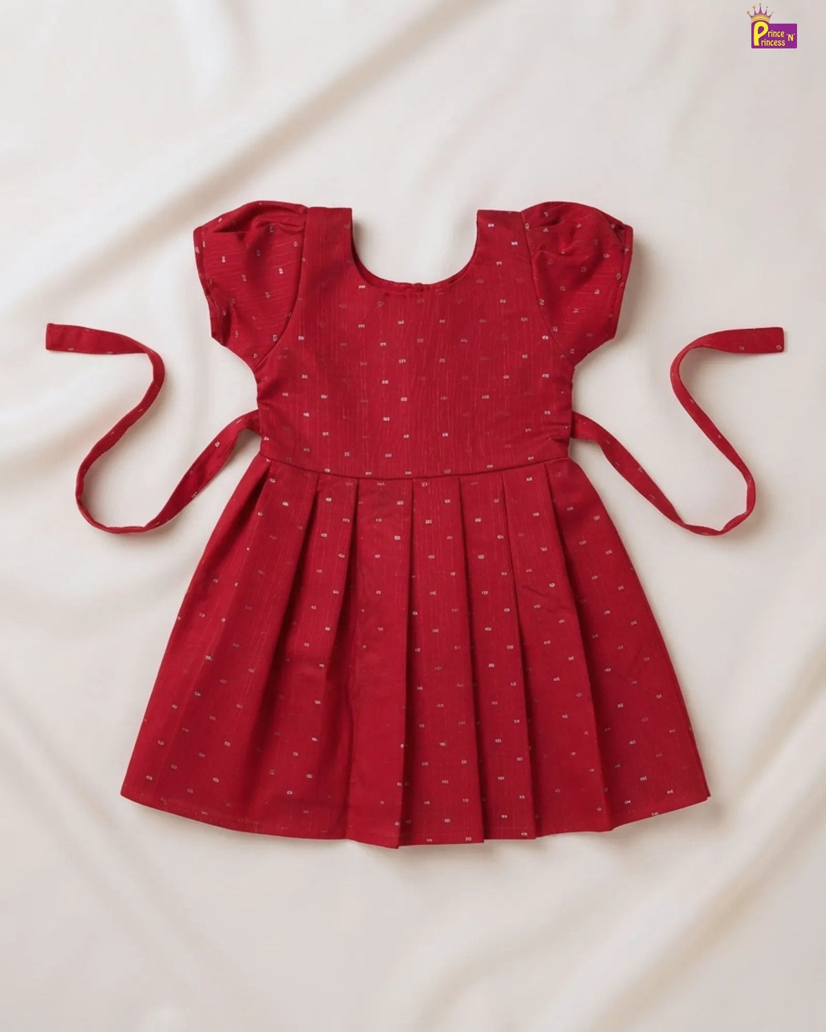 Red Dobby Cotton Frock for Girls | Square Neck Puff Sleeve Daily Wear CF437 for kids festival wear