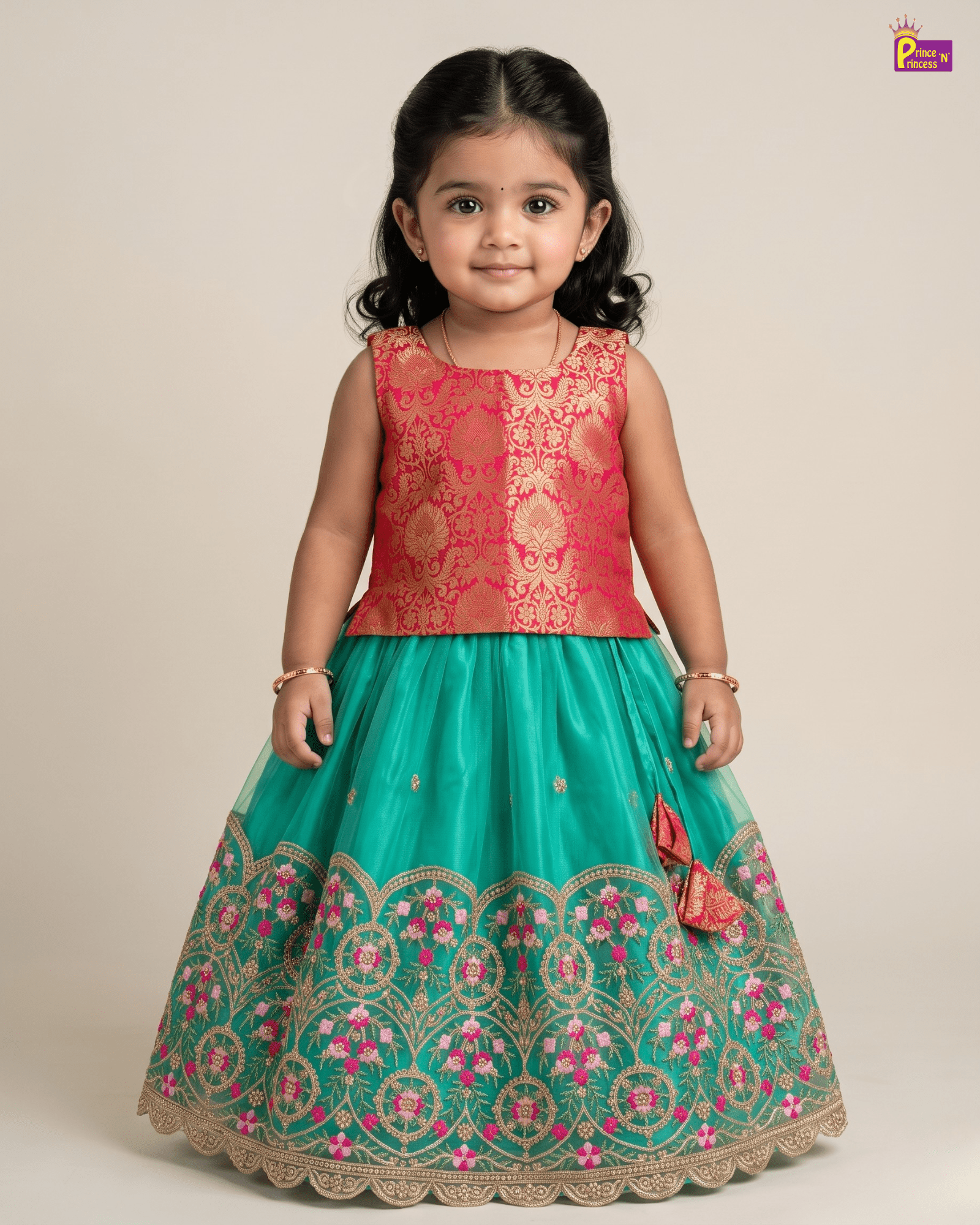Red & Emerald Green Floral Embroidered Lehenga Choli for Baby Girls LC293 for kids festival wear