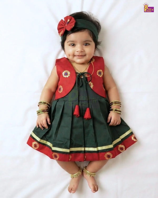 Red Green Onam Dress for Baby Girl | Newborn Onam Pattu Frock Kerala LF2033