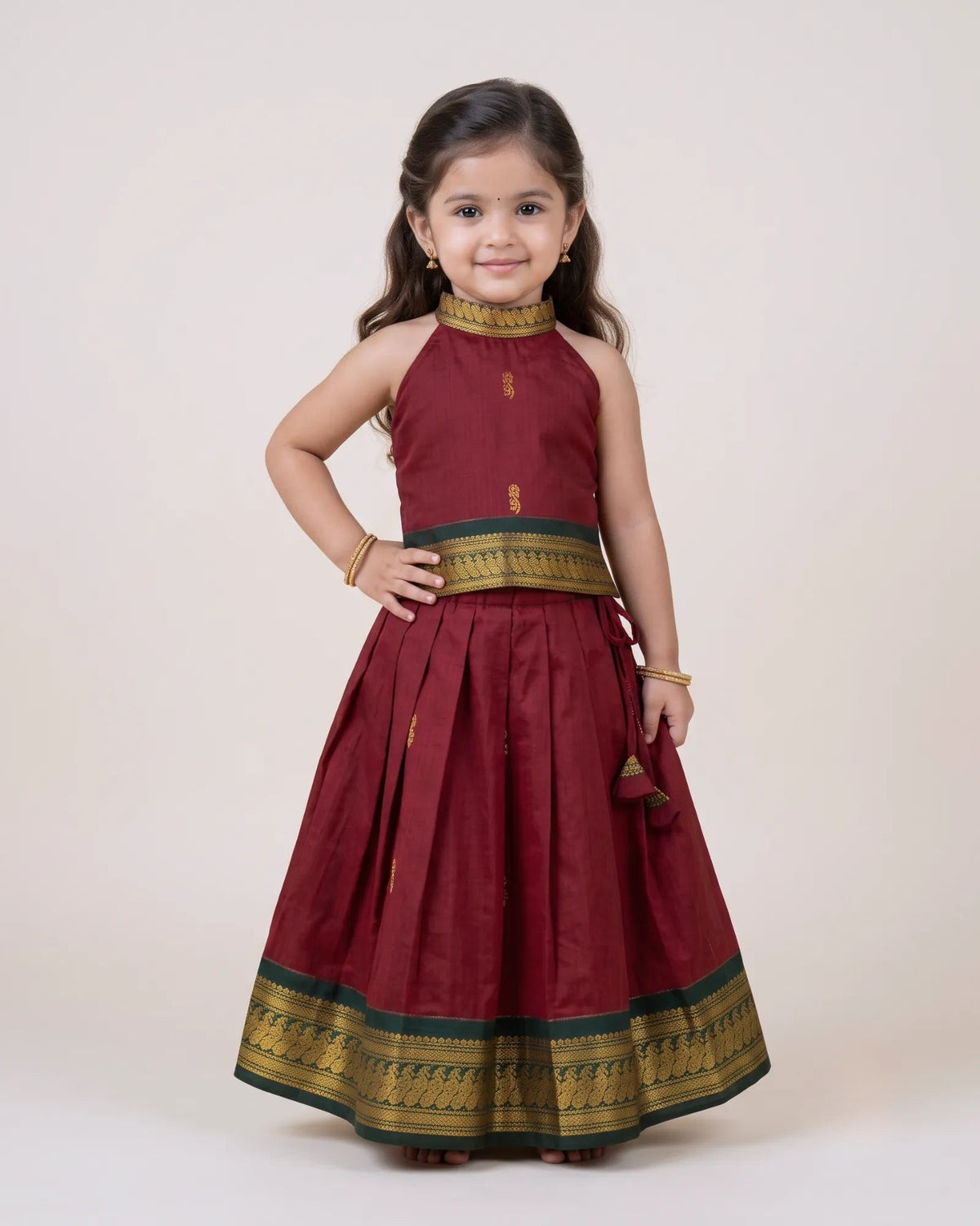 Red Kalyani Cotton Halter Neck Pavadai for Girls - Pongal Wear PPP2168 for kids festival wear