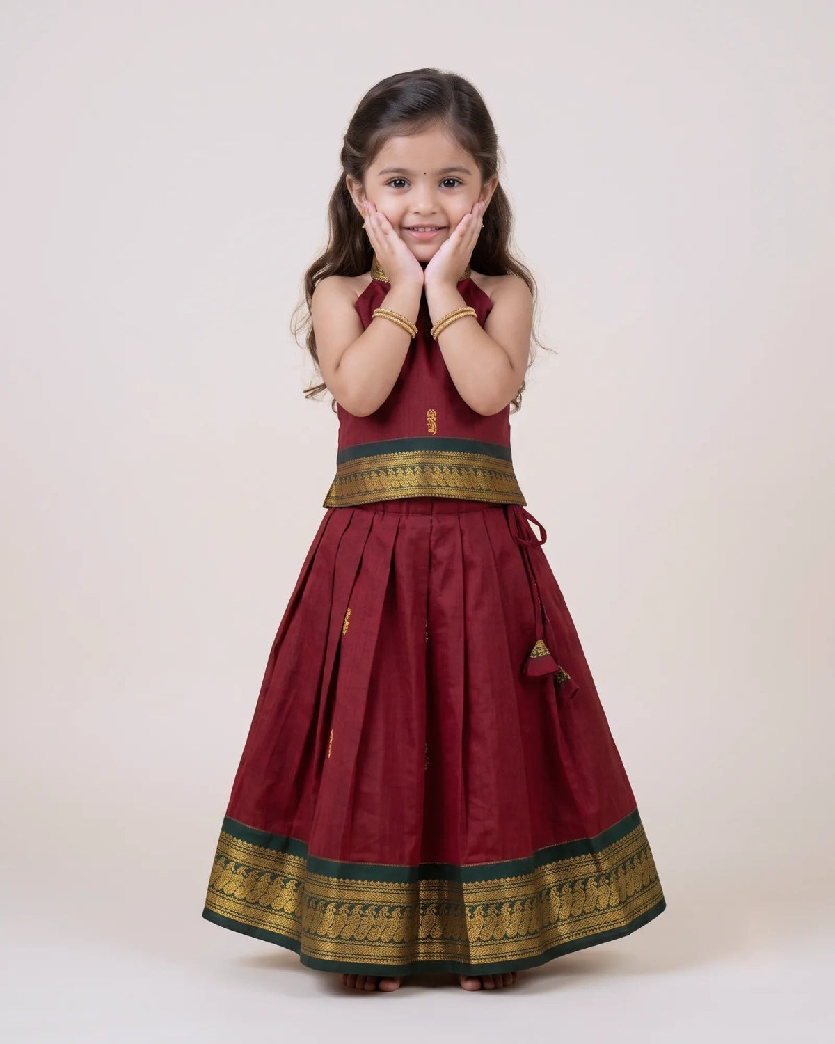Red Kalyani Cotton Halter Neck Pavadai for Girls - Pongal Wear PPP2168 for kids festival wear