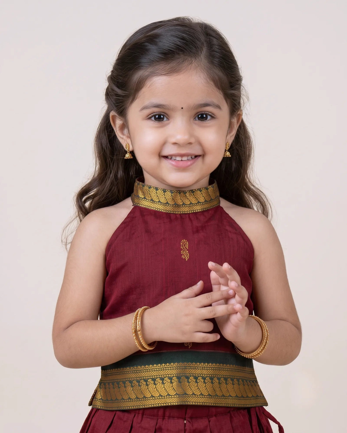Red Kalyani Cotton Halter Neck Pavadai for Girls - Pongal Wear PPP2168 for kids festival wear