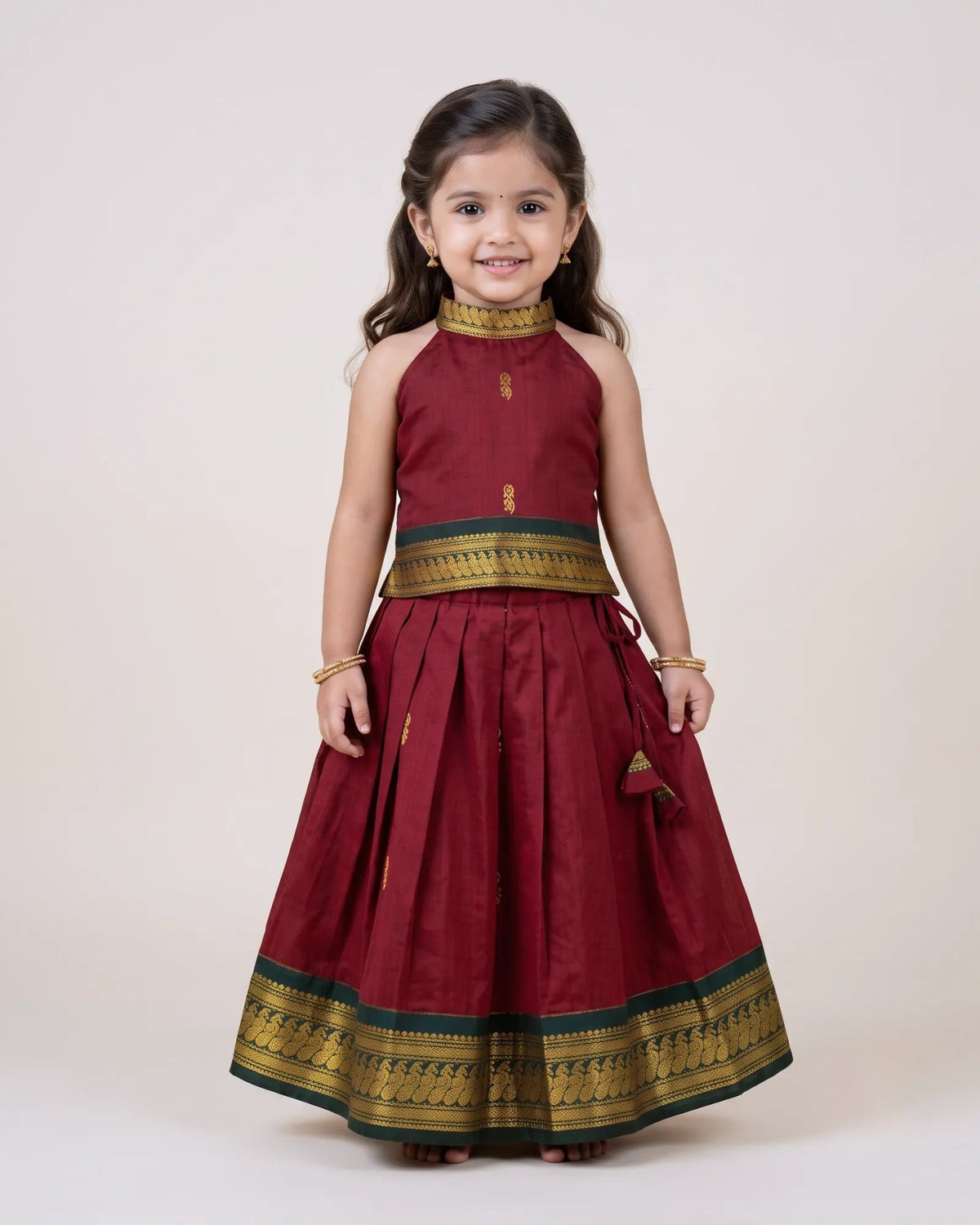 Red Kalyani Cotton Halter Neck Pavadai for Girls - Pongal Wear PPP2168 for kids festival wear
