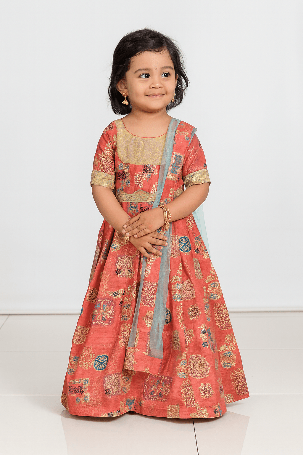 Red skyblue Kids Ethnic Party Gown with Dupetta and Belt PG362 - Prince N Princess