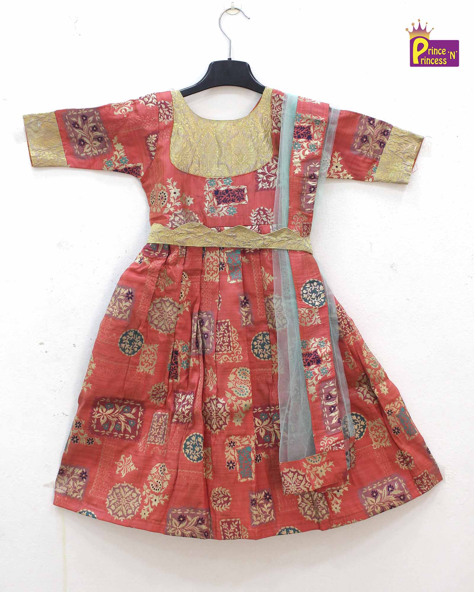 Red skyblue Kids Ethnic Party Gown with Dupetta and Belt PG362 - Prince N Princess