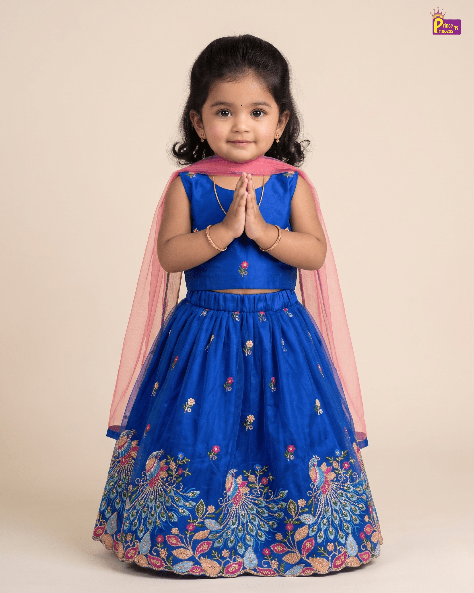 Royal Blue Peacock Embroidered Lehenga Choli with Pink Net Dupatta LC183 for kids festival wear
